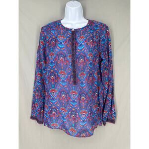 Loft Top Women Medium Blue Floral Softened Shirt Colorful Lightweight Boho Batik